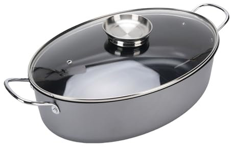 Pentola per la cottura a vapore del pesce, Pentola multifunzionale in acciaio al carbonio per la cottura del pesce, pentola ovale antiaderente con coperchio in vetro e cestello