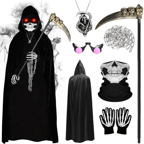 Déguisement de Faucheuse d'Halloween pour Enfant avec Cape à Capuchon Noire, Faucille, Chaînes, Lunettes Lumineuses, Masque de Squelette et Gants, Pendentif, pour Halloween, Cosplay, Carnaval