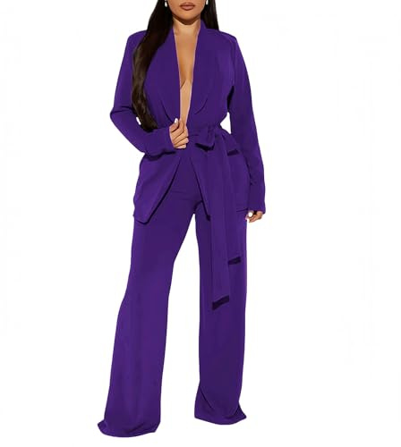 Elainone Women's Business Blazer Pants Set Dressy Professional Suits Wide Leg Office 2 Piece Outfit, Purple, Large