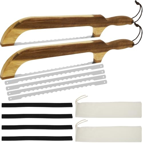 YUEKUNTJ 2 Set Kitchen Bread Slicing Knife, Sourdough Bread Slicer Wooden Handle with 4 Replaceable Stainless Steel Blades, Sourdough Saw Cutter Multifunctional for Kitchen Baker Cheese Cake
