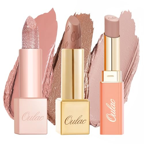 Oulac Nude Liptick Kit | Satin Matte Lipstick, Shimmer Metallic Lipstick | Infused with Shea Butter, Moisturising, Long Lasting & Weightless | Vegan, High-Pigment(SG01+MSD10+PG12)