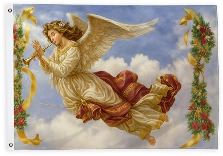 Banderas de ángel para exteriores, cinta de trompeta religiosa de Navidad, dorada, para exteriores, con ojales, decoración para porche delantero, balcón, terraza, patio, 2 x 3 pies