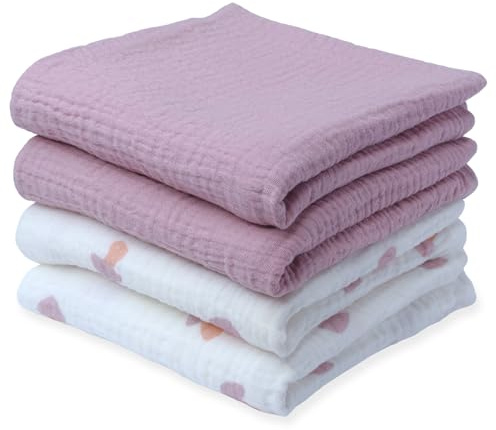 tiny ton Panni di garza per neonati, 100% cotone biologico GOTS, set da 4 (60 x 60 cm), morbidi, assorbenti e traspiranti, per coccole, pulire e coprire (viola)