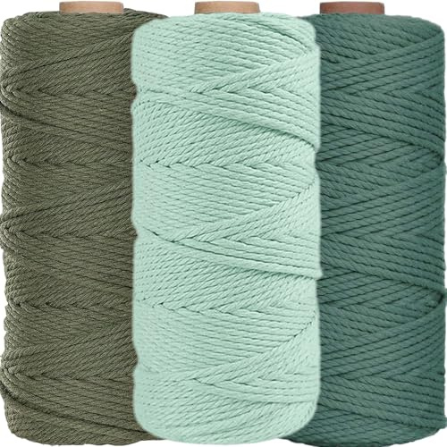 WINOK Färgglatt makramébomullsgarn, 3 mm x 100 m, grön, set om 3
