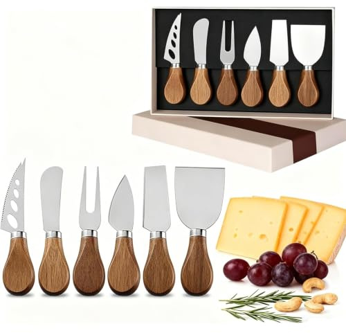 HSYTEK Set di 6 coltelli da formaggio, mini utensili per formaggio, con manici in legno di acacia, tagliaburro in acciaio inox per formaggio morbido, formaggio a taglio, torte, dessert, cioccolato