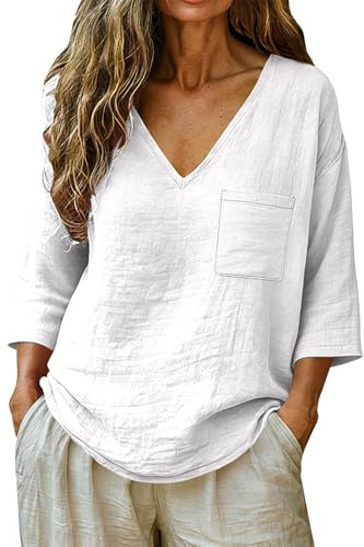 Bluse Donna estive - Camicia Donna Casual in Cotone Lino, Blusa Tinta Unita con Scollo a V, Maniche Tre Quarti, Taschino Frontale, Maglia Estiva Morbida per Ufficio Viaggio Mare