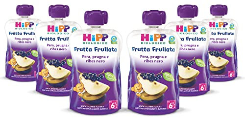 HiPP - Frutta Frullata Bio per Bambini, Purea 100% Frutta al Gusto Pera, Prugna e Ribes Nero, Senza Zuccheri Aggiunti, 8 Confezioni da 90 g