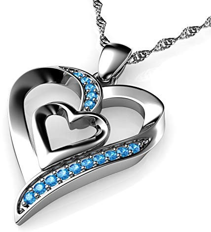 DEPHINI Herz-Halskette, 925er Sterlingsilber, Double Love Herz-Anhänger, Aqua CZ Kristalle, feiner Schmuck, Damen-Halskette, 45,7 cm-lange rhodinierte Silberkette, A+ Zirkonia, Geschenke für Frauen