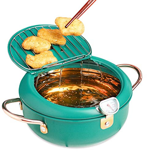 Olla Freidora Mini Freidora Tempura de Acero Inoxidable Estilo Japonés con Tapa de Termómetro y Escurridor de Goteo de Aceite para Cocina Papas Fritas, Pescado y Carne Crujiente