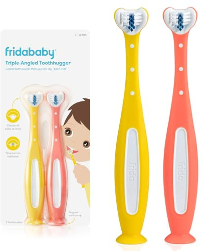 Frida Baby Triple-Angle Toothhugger Training Toddler Toothbrush | Toddler Toothbrush 2 Years and Up, Cleans All Sides at Once | 2 Pack (Yellow + Pink)