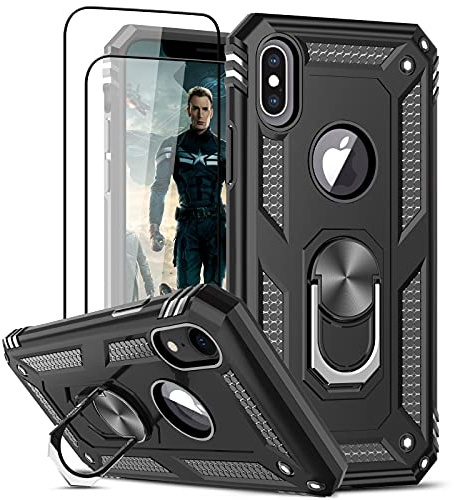 LeYi Cover per iPhone X/XS Custodia con Vetro Temperato [2 Pack], Grado Militare 360° Anello Supporto TPU Bumper Antiurto Silicone Custodie per iPhone XS/X Nero