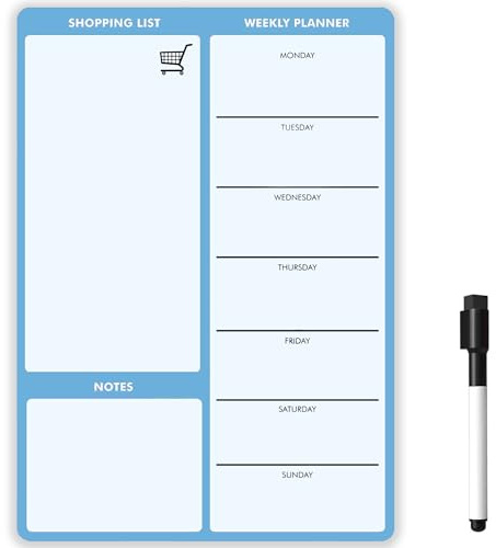 TMS Magnetic Weekly Planner and Dry Wipe Pen, Meal Planner and Shopping List, Fridge Whiteboard for Meal Prep, Notes and Reminders, Daily Plan - Dry Erase Memo Board, Kitchen or Office (Blue, A3)