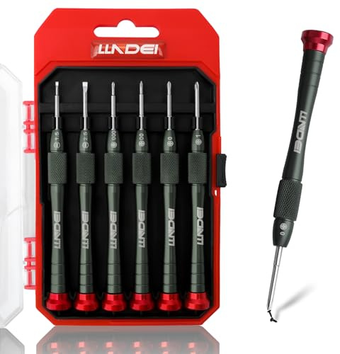 LLNDEI Precision Screwdriver Set, 6Pcs Magnetic Small Screwdriver Set, Aluminum Alloy Tiny Screwdrivers with 2 Flat & 4 Cross Head for Glasses, Watches, Computer, Mobile Phone