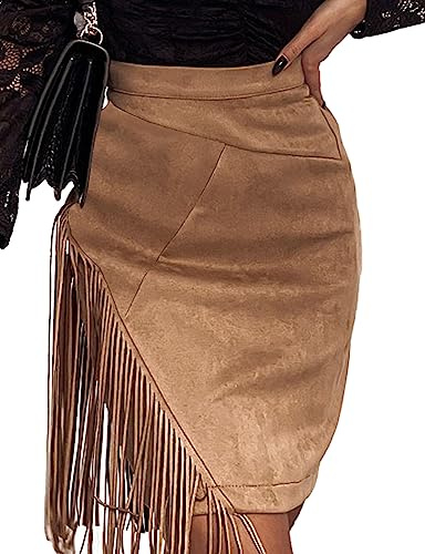 IDEALSANXUN Jupe Courte à Franges en Daim pour Femme Taille Haute Automne Hiver 2023, Kaki, Taille M