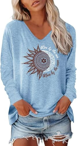Teesho Donne Tshirt Manica Lunga V Collo Tops Camicie di Base Casual Longshirt Stampa Pullover Autunno Tops Tunica (Azzurro/M)