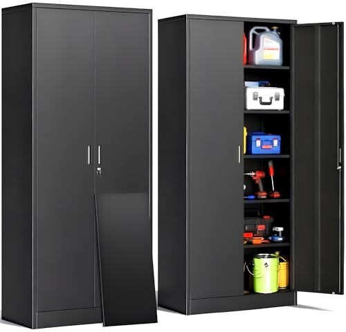TaskStorz Metal Storage Cabinet, 180cm Metal Garage Cabinet with 5 Adjustable Shelves, Locking Storage Cabinets for Garage, Home, Office, Pantry, Assembly Required(Black, 180 * 80 * 40)