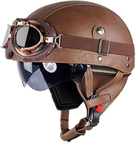 Retro Helm Motorradhelm Lederhelm Jethelme Vintage Mopedhelm Mit Brille ECE Zertifiziert Motorradkreuzer-Rollerhelm im Deutschen Stil (Braun (Farbe),M/57-58cm)