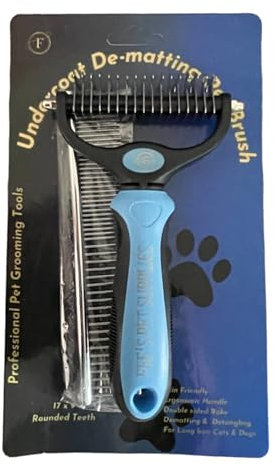 Deshedding Dog & Cat Rake Double-Sided De-Matting Rake for Medium & Long Hair Pets - Easily Removes Tangles, Knots & Loose Fur - Bonus Free Stainless Steel Comb (Blue)