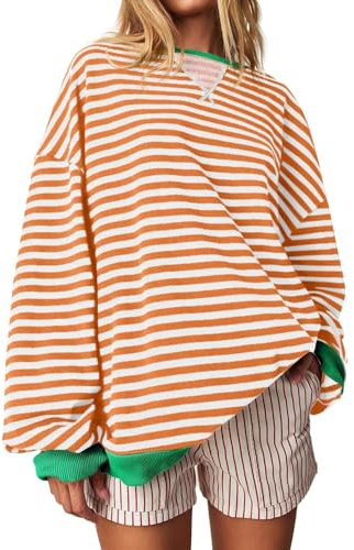 HUIFUAO randig damtröja, färgblock, topp, pullover, ledig rund hals, långärmad överdimensionerad damsweatshirt