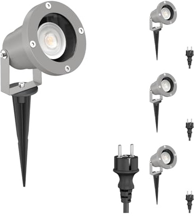 ledscom.de 4-pack LED-trädgårdsstrålkastare DUK, grå, med jordspett för utomhusbruk, IP65, inkl. GU10-lampa (varmvitt, 7,6 W, 1103 lm, 33°)