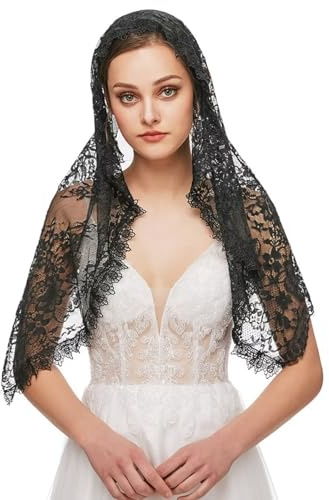 runrayay Iglesia Católica Mantilla velo de receta, una larga misión cristiana latina retrógrada con el velo de las mujeres en la iglesia de receta española, negro