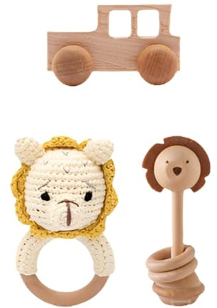 3 st Greifringe Baby Baby Baby Handmade Rassel Greifling Baby Holz Handmade Rassel Greifling Baby Rassel Beißring Holz Babyrassel Greifling Spielzeug Häkel Rassel med Holz Ring