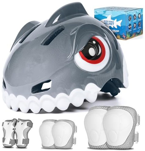 FUNWICT Kids Bike Helmets Animal 3D Cartoon Boys Girls Bike Helmet for 3-5-8 Years Safety Adjustable Toddler Bike Helmet and Pads Set for Cycling Scooter Skateboard (Grey Set, S: 19.69-21.26 inches)