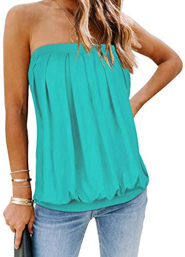 Womens Tube Tops Summer Strapless Bandeau Sleeveless Pleated Cover Up | soft and breathable, stretchy backless vest, pleated front and off shoulder design, casual tank tops for summer lounging