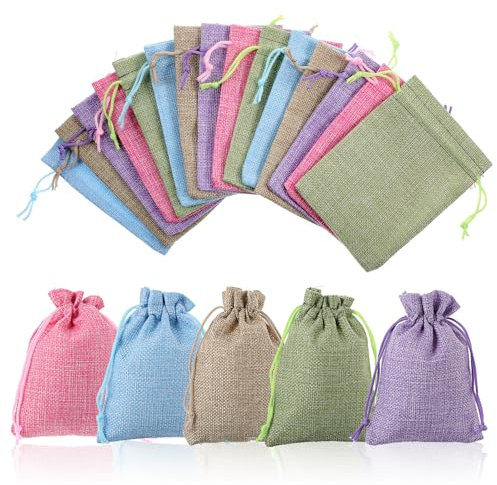 Yuanchu 15 Stück Bunte Jutesäckchen, Klein Stoffbeutel mit Kordelzug 14.5x9.5cm Mini Jutebeutel Natur Säckchen Geschenkbeutel Stoffsäckchen für Schmuck Tee Kaffee Gewürze Süßigkeiten Basteln