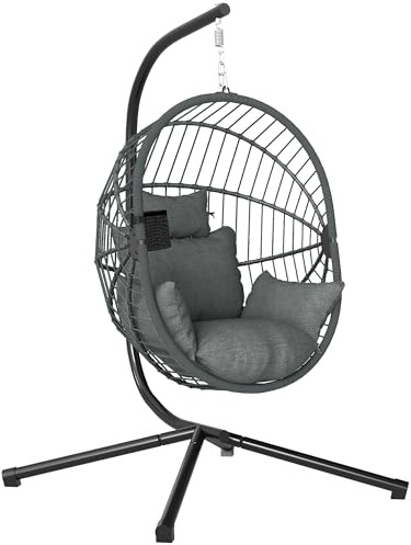 Outsunny Fauteuil Suspendu, Fauteuil œuf Suspendu, Chaise hamac balançoire - Panier Pliable, Coussin rembourré, Poche, Oreiller, Chaise Suspendue cocooning intérieur et extérieur, Gris