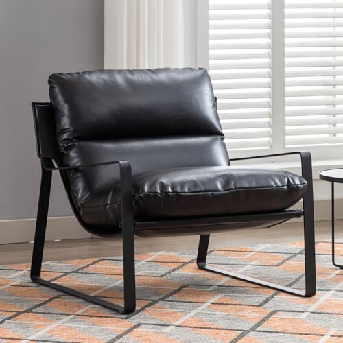 Ya-Home Sillon Individual Moderno Silla Ocio de Salón con Patas Negras,Silla Relax de PU Cuero con Brazos Butaca de Lectura Sencillo para Hogar/Apartamento,Negro