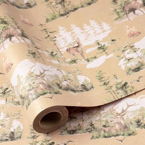 RUSPEPA Rotolo Di Carta Da Regalo Natalizia Per Uomo E Donna,Con Renne Invernali, Falò, Motivo Scena Forestale, Carta Da Regalo Rustica In Carta Kraft Per Natale, Compleanno, Matrimonio, 43,2Cm X 5M