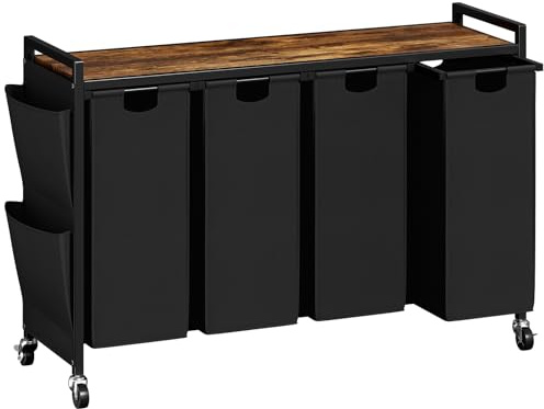 WOWLIVE 4-Compartment Laundry Hamper with Lid,Rolling Laundry Basket Organizer with Wheels, Iron-Made Laundry Sorter with Top Shelf and 4 Removable Bags,Large Clothes Storage for Room,Black