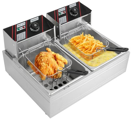 Friteuse Edelstahl 12L, 2.5KW+2.5KW Doppelfriteuse mit 4 Tubi Flessibili, Friteuse Öl mit Fettablaufhahn und Zeitschaltuhr, Elektrofritteuse für Restaurant, Heimküche, Snackbar