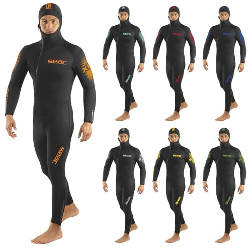 SEAC Liberty Long Man 7mm – Muta Umida Monopezzo da Uomo con Cappuccio Integrato – Neoprene Resistente con Rinforzi Supratex su Ginocchia, Spalle e Fondo Schiena – Taglie a Colori