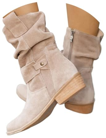 Botas de vaquero, botines occidentales, botines para mujer, de ante de ante, botines de vaquero, botas cortas, botas de entretiempo, tacón de bloque, botines de media altura, color beige, talla 41