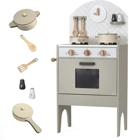 Wooden Play Kitchen for Kids, Pretend Role Play Toy Kitchen with Oven, Clock, Utensils, Interactive Dials, Salt and Pepper Pots, Toddler Kitchen Playset - Grey