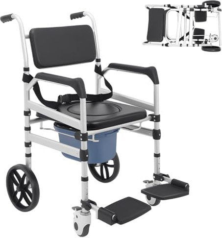 Silla de baño para personas mayores, plegable, estable, con ruedas y cinturón de seguridad, altura regulable, capacidad de carga de 150 kg para enfermos, ancianos, discapacitados, embarazadas