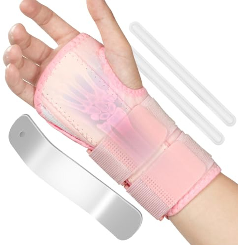 Beugo Handledsstöd, Justerbara Handledsbandage, med 3 Metallskenor, Komfortabelt och andningsbart, Handledsbandage för Män och Kvinnor (Höger Hand, Rosa)