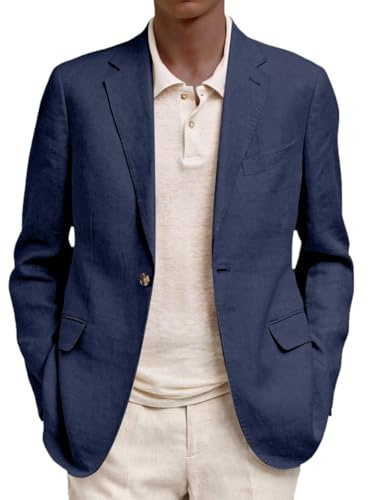Chaqueta blazer para hombre, tela de lino de algodón, ajuste regular, cierre de dos botones, patrón de espiga, abrigo deportivo versátil para trajes