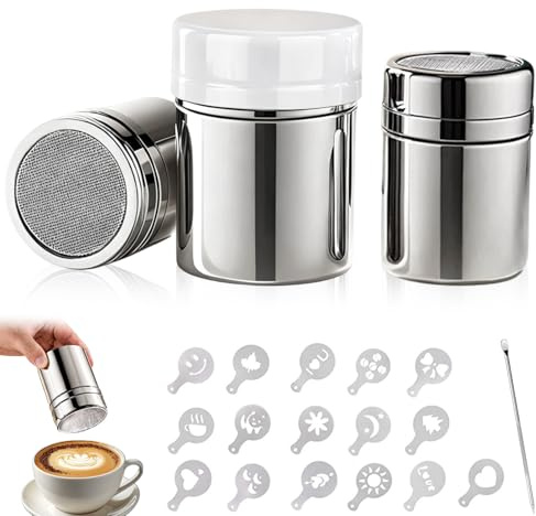 3 Stück Puderzuckerstreuer, Kakaostreuer für Cappuccino 304 Edelstahl Mehlstreuer mit Deckel Staubzuckerstreuer Kakao Streuer für Kakao Kaffee Zucker Salz Mehl