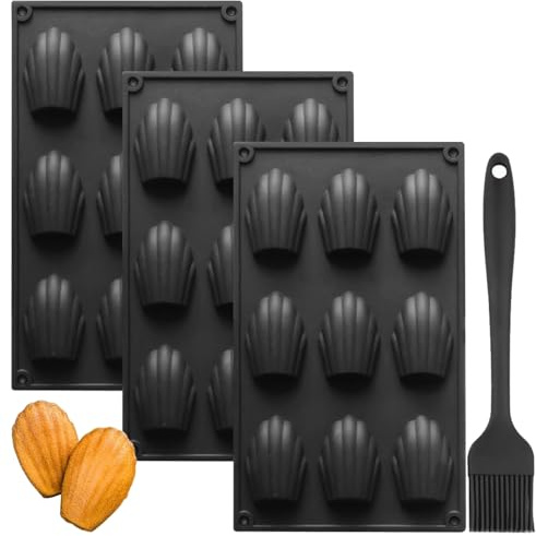 YXHZVON Moule en Silicone Madeleine, 3 Pièces Moule à Madeleine à 9 Trous, Antiadhésifs Moule Madeleine Pâtisserie avec Brosse en Silicone pour Mousse Chocolat Gâteau(Noir)