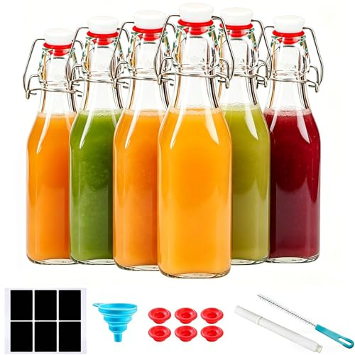 Confezione da 6 bottiglie in vetro da 250 ml, con coperchio ermetico per fermentazione, 2a fermentazione ed estratti fatti in casa per kombucha, kefir, vaniglia, succo, tè, bevande, soda, oli, vin