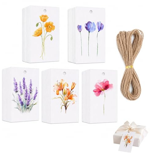 50 Pack 7.6x5cm Watercolour Floral Gift Tags with String for Wedding Favour