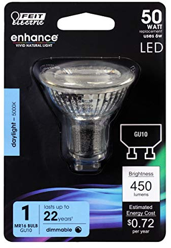 Feit Electric MR16 LED Flood Light Bulb, 50W Equivalent, GU10 Base, Dimmable, Daylight 5000K, 90+ CRI Enhance LED, 120V, Indoor/Outdoor, 25,000-Hour Lifetime, BPMR16GU10/500/950CA