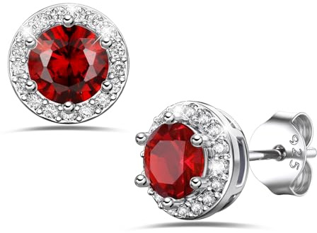 Bestyle Ohrstecker Silber 925 Damen Runde Granat Stein von weißen Zirkoniasteinen Schmuck Damen Januar Geburtstags Geschenk