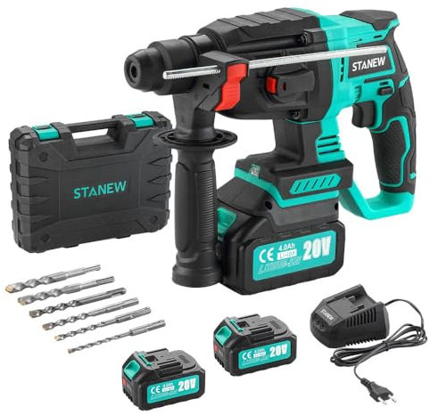 STANEW Taladro Percutor a Bateria, Martillo Percutor Bateria con Portabrocas SDS-Plus, Motor Sin Escobillas, 4500 BPM, 1000 RPM, 6 Brocas, Energía de Impacto 2J, 2 * 20 V 4,0 Ah Batería
