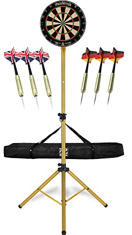 Stagecaptain DBS-1715 Bullseye Pro Cible de fléchettes - Jeu de fléchettes Classique avec Support doré et Housse - Jeu Flechette avec 6 flèches Pointe en Acier et 12 Volants