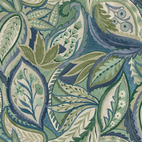 Holden Paisley Leaves Wallpaper - Modern Wallpaper for Living Room, Bedroom, Fireplace - Decorative Luxury Wall Paper with Soft Sweeping Leaves & Paisley-Style Pattern (Green & Blue)