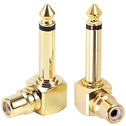 DKARDU Adattatore audio da RCA a 1/4, 90 gradi da 6,35 mm mono maschio a connettore RCA femmina, connettore jack per chitarra in rame puro placcato oro (confezione da 2)